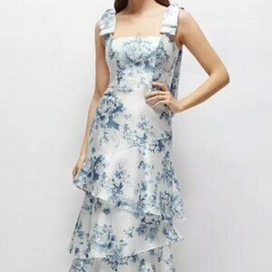 Dessy Collection Cottage Rose Larkspur Bow Tiered Midi Dress 3127FP